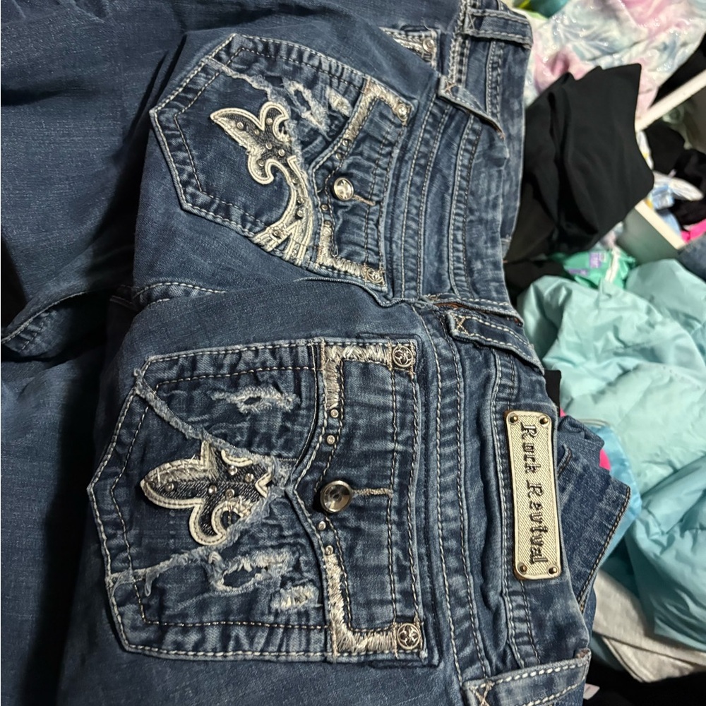 Rock Revival Blue Boot Cut Jeans with Silver Accents